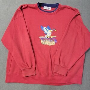 EUC Vintage Sunning Mallard Duck Embroidered Crewneck Sweatshirt Red Mens 2XL
